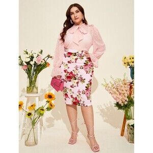 Pink Floral Crepe Pencil Skirt Sz 2X Pull On Elastic Waist Classic Dressy